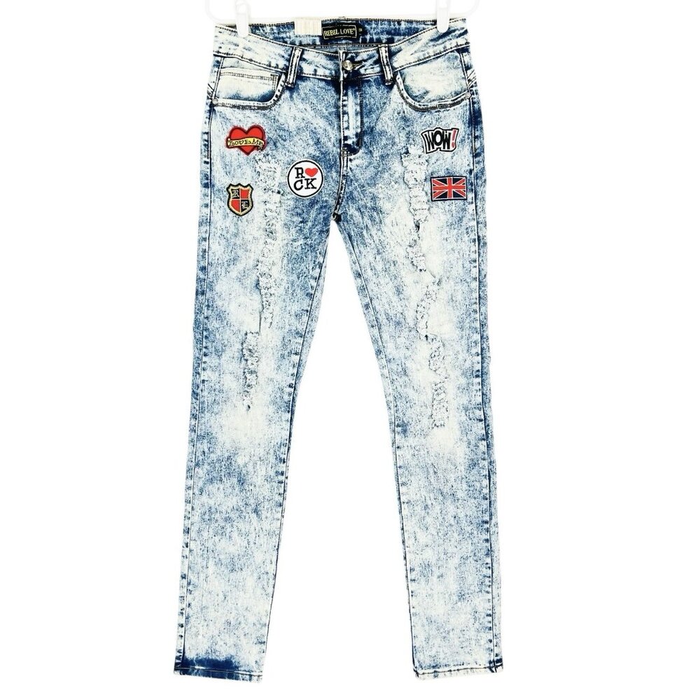 Rebel Love Women Distressed Patch Acid Wash Blue Skinny‎ Stretch Jeans 15/16 NWT